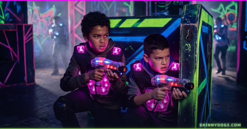 Two kids crouched in tactical position in a neon laser tag arena with lit vests and guns, indoor activity Ogden Utah