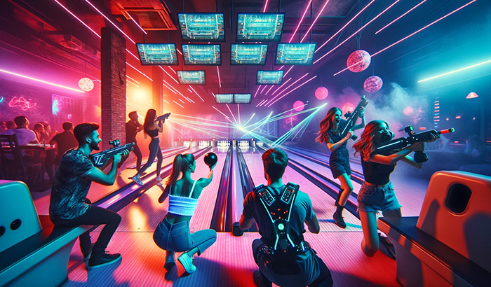 A Group Of People Playing Bowling In A Neon-lit Room At An Epic Night Out In A Laser Tag Arena