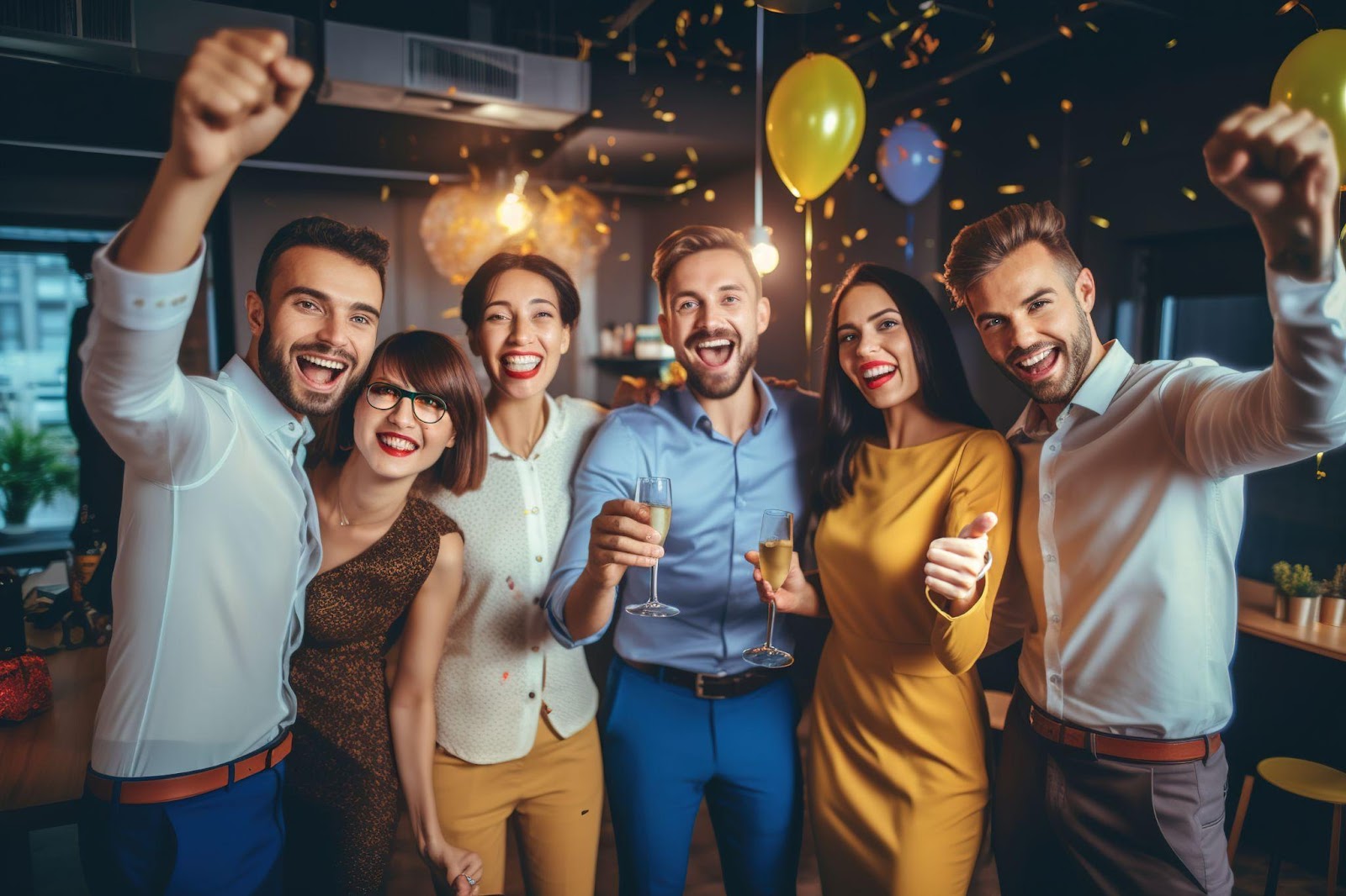 A group of joyful individuals celebrating at a lively party, filled with laughter and excitement