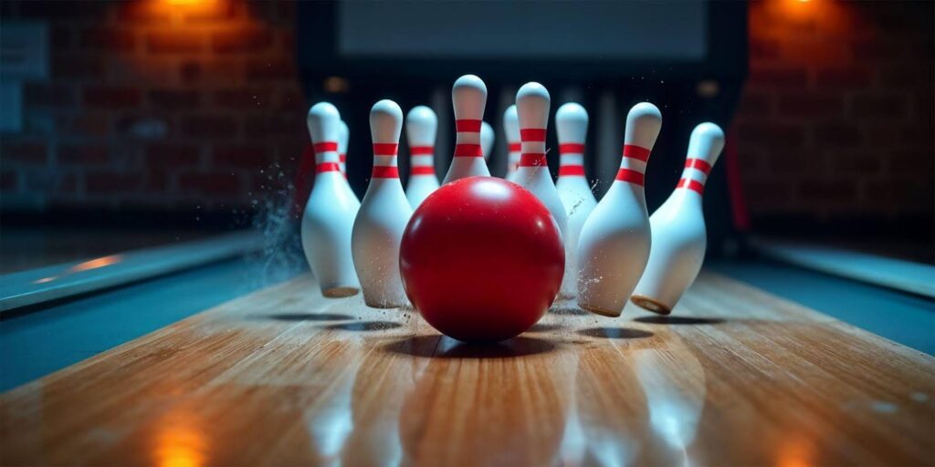 A bowling ball collides with the pins on a smooth wooden lane showcasing the action of a bowling game
