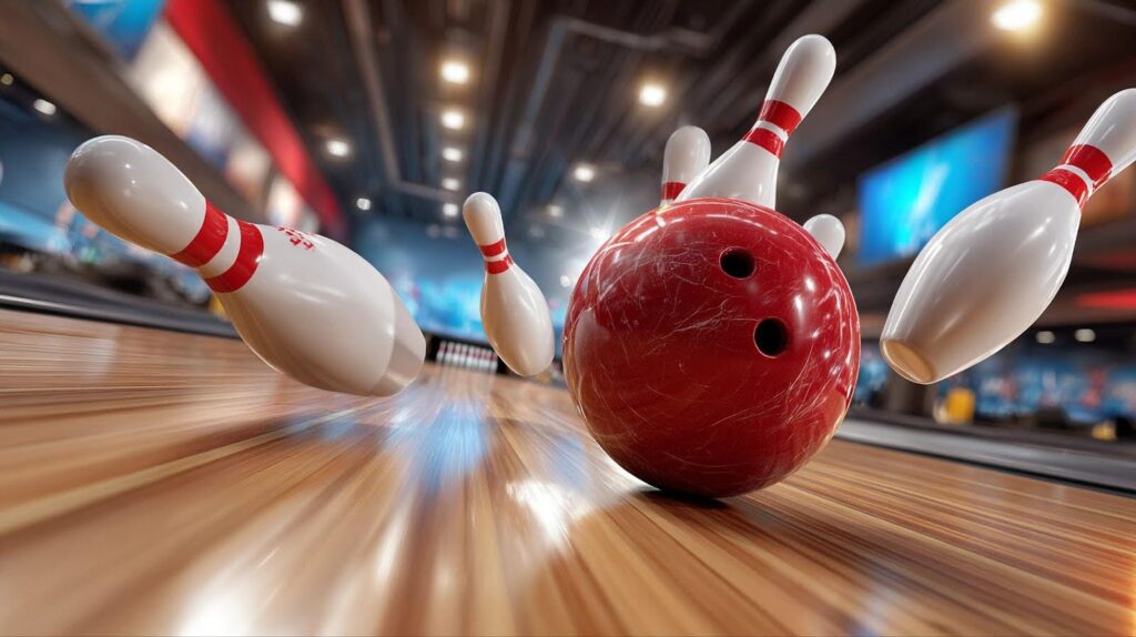 A colorful bowling ball rests near a set of white pins on a smooth wooden bowling lane