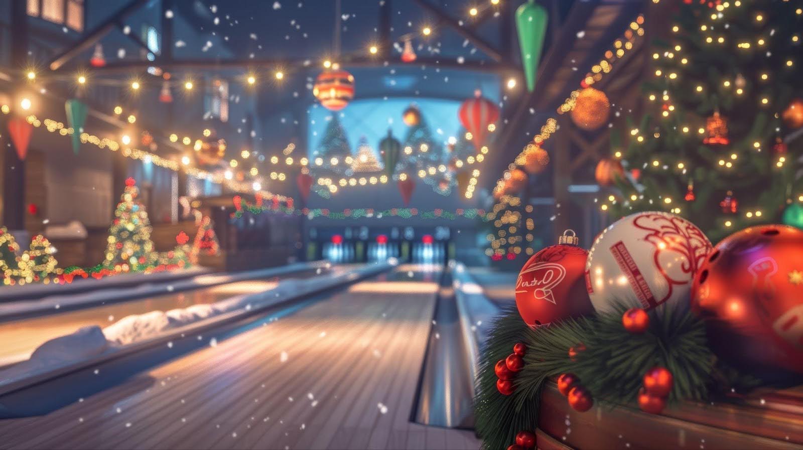 A Christmas themed bowling alley featuring vibrant decorations and an assortment of bowling balls