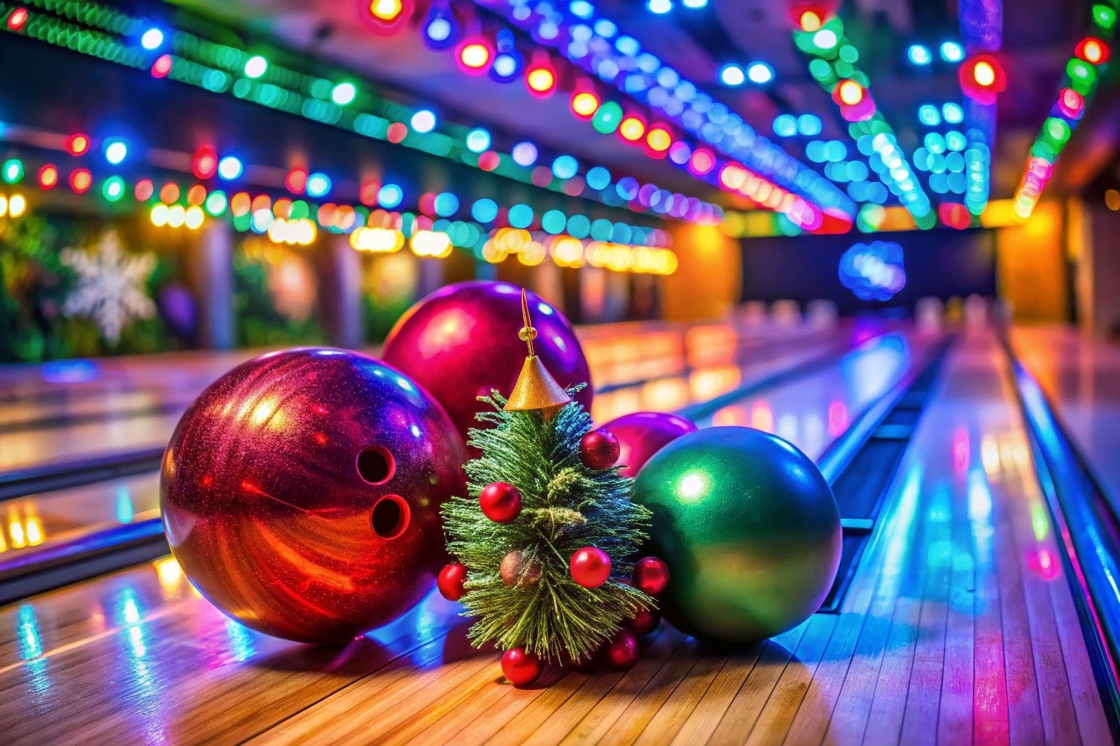 A festive bowling alley decorated for Christmas with bowlers enjoying the holiday-themed atmosphere