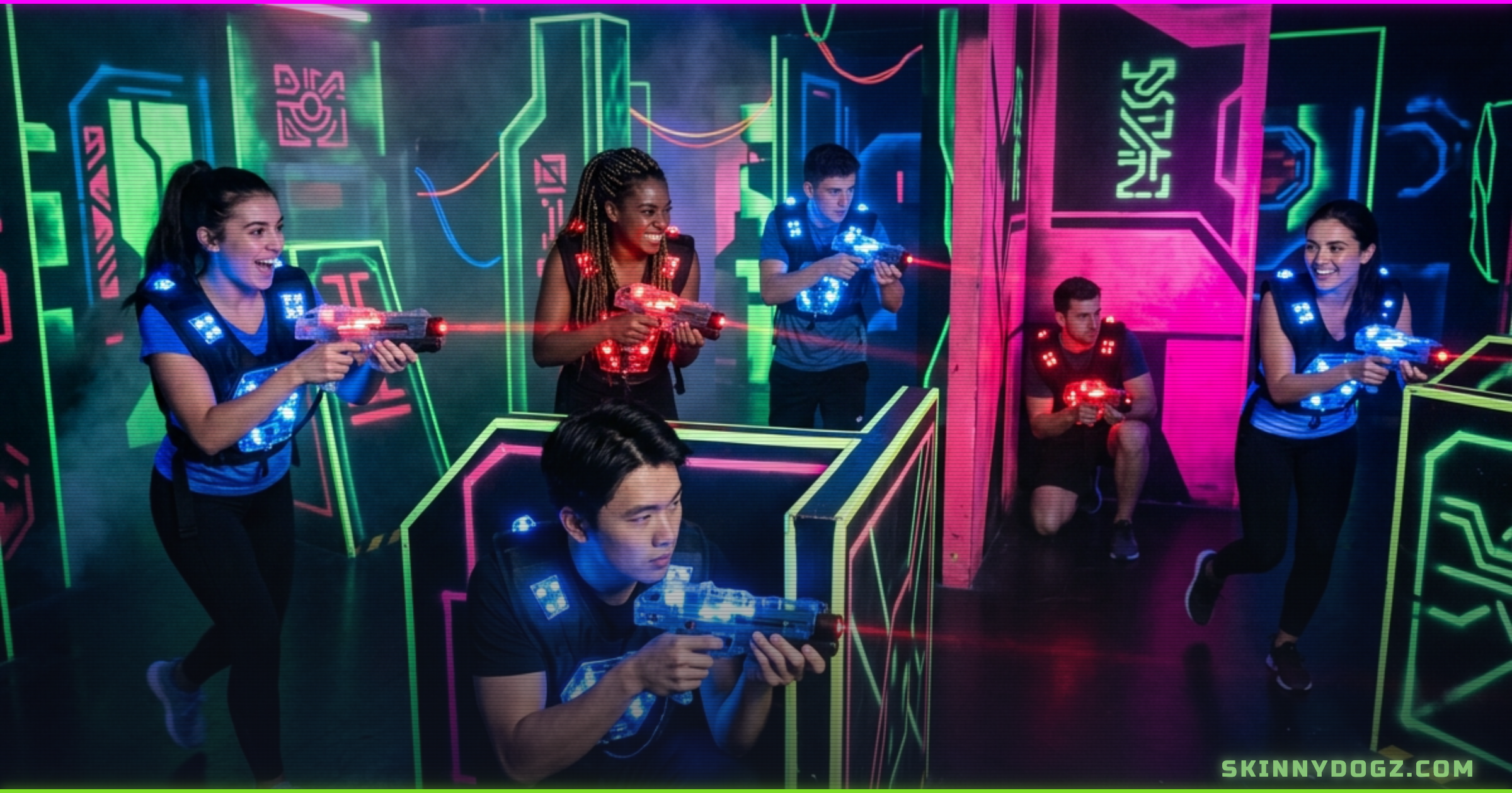 download Diverse group of young adults playing laser tag in a neon-lit futuristic arena, laser beams visible, Ogden Utah entertainment center