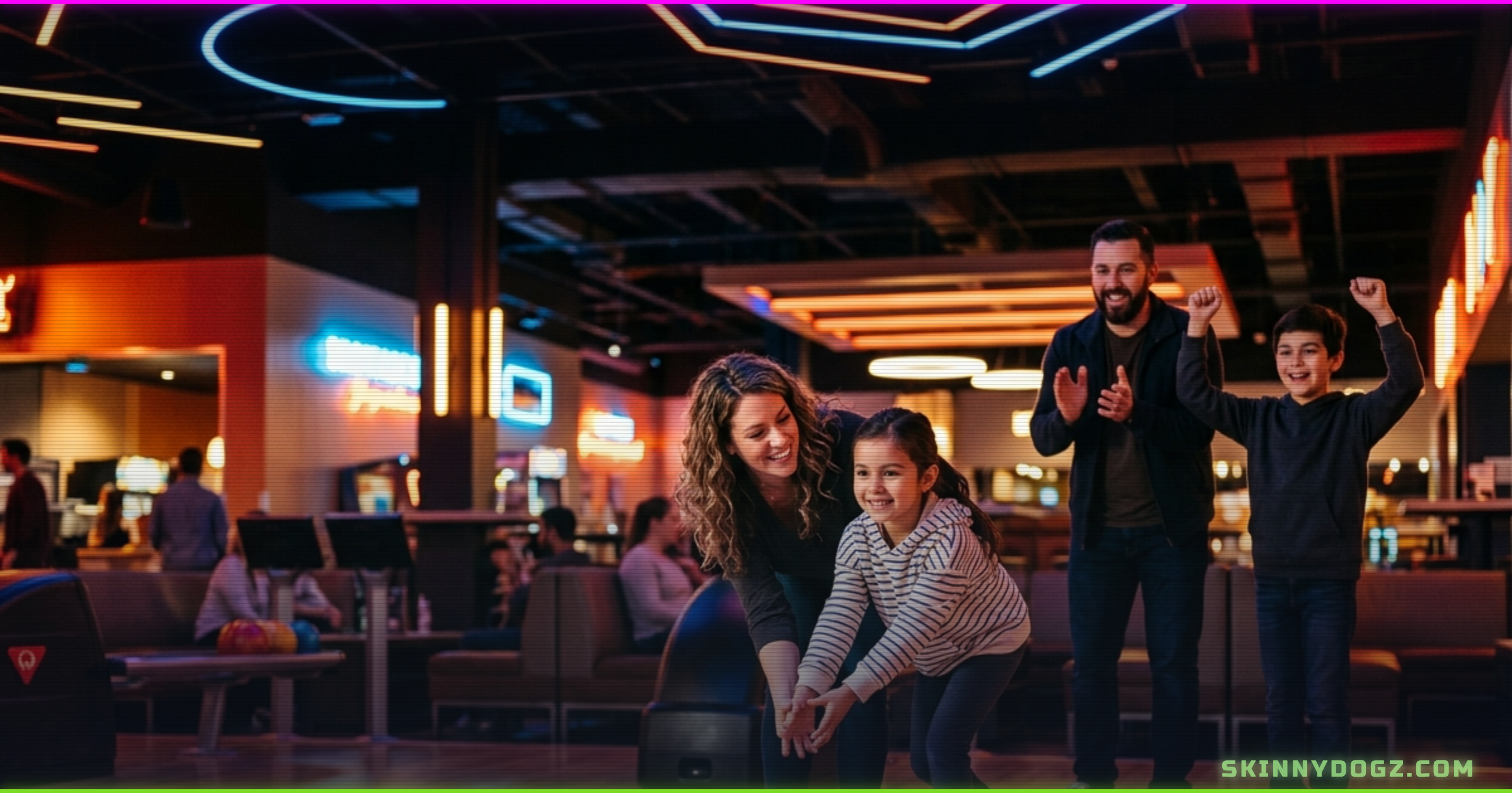 download Family of four bowling together indoors, mother helping daughter release ball while father and son cheer, warm neon bowling alley lighting, Ogden Utah
