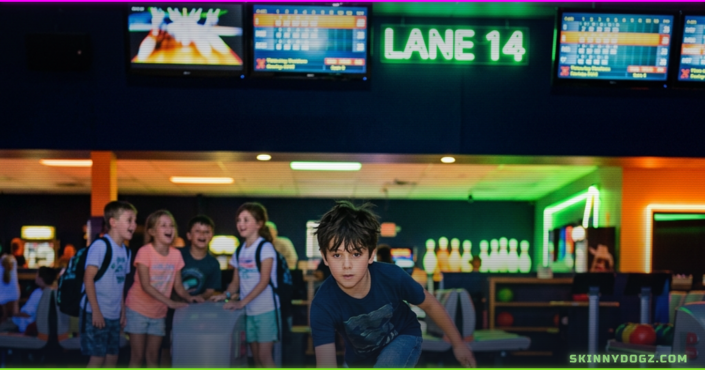 download Kid releasing bowling ball at an indoor bowling alley while friends cheer in the background, neon lighting, Ogden Utah family entertainment center